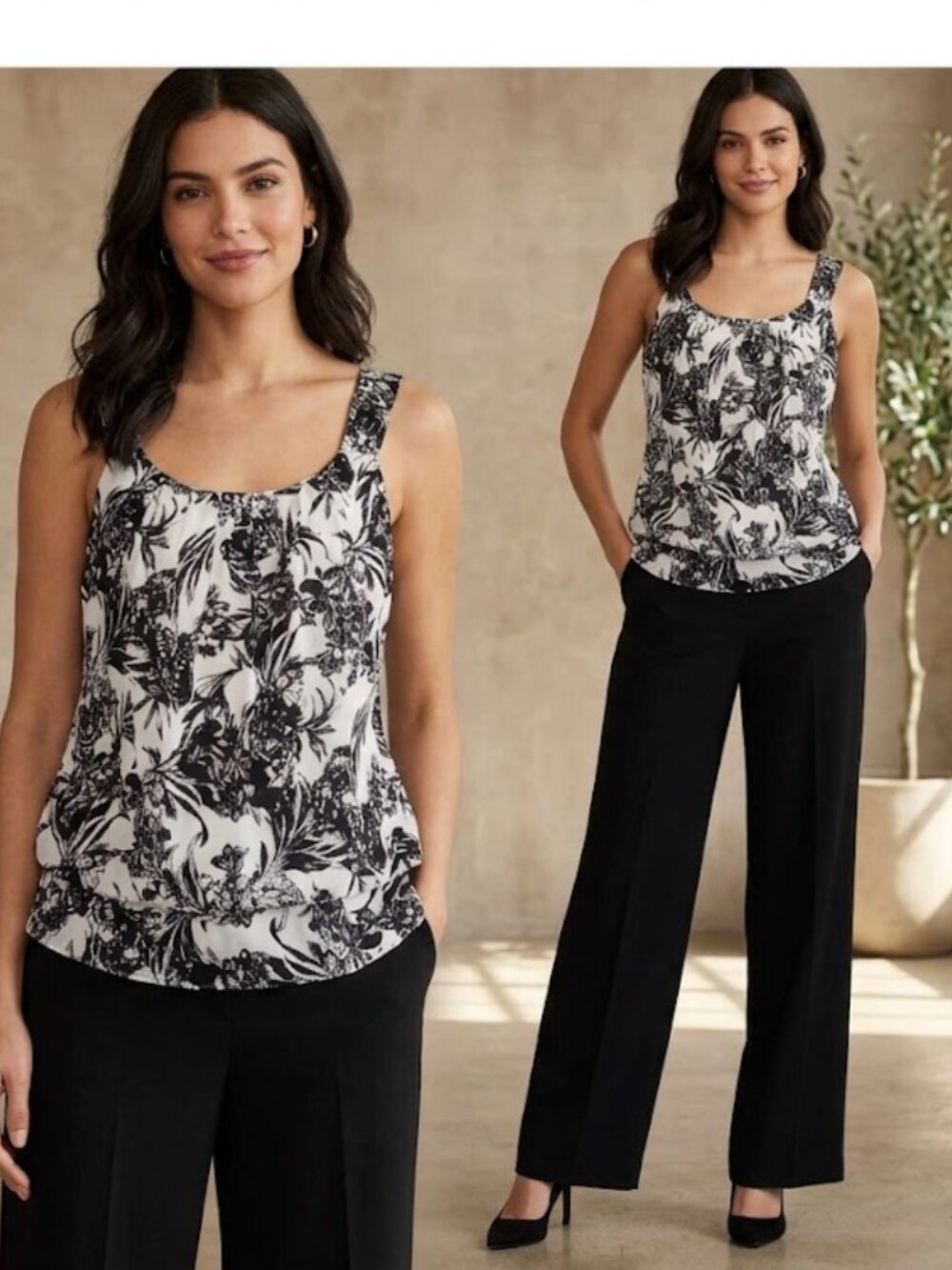 White House Black Market Monochrome Floral Blouse Large
